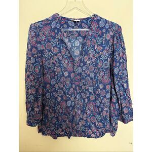 J.Jill Navy Floral Paisley Rayon Button Up Blouse Top XL Petite Boho Casual